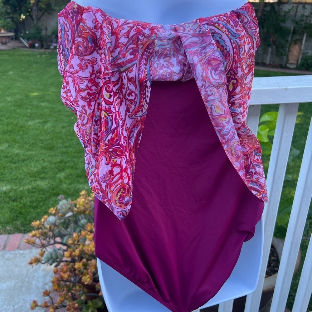 Ralph Lauren Pink and Red One-Piece Swimsuit with Gathered Front - Picture 7 of 11